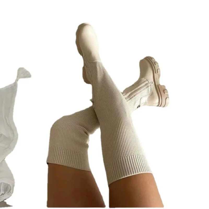 Women Over The Knee Boots Women's Thick Heel Slim Fit Winter Velvet Stretch Boots High Heels Large Size Suede Boots Botas Mujer