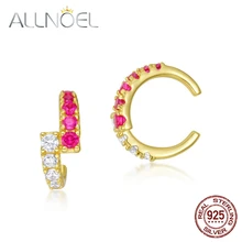 

ALLNOEL Real 925 Sterling Silver Hoop Earrings Woman CZ Red Corundum no Pierced Earrings for Women Gold Plated Fine Jewelry 2022
