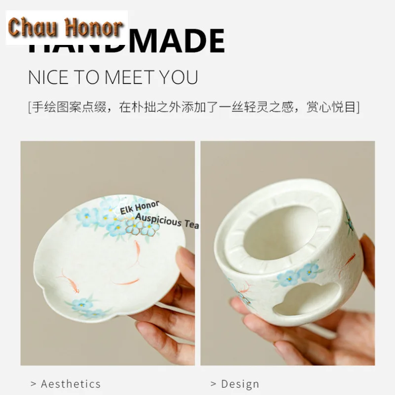 Hand-painted Blue Star Flower Tea Warmer Holder Candle Heater Stove Kettle Stand Boiling Water Carbon Furnace Chinese Tea Set