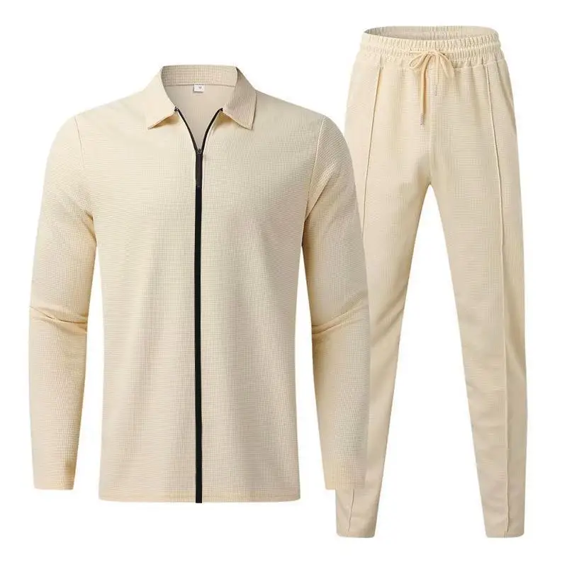 Waffle Casual Long Sleeved Pants Two-piece Men's Set