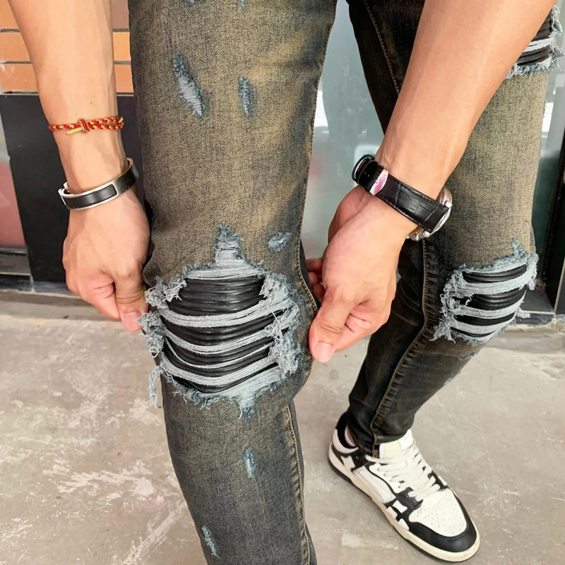 High Street Fashion Men's Jeans Vintage Washed Elastic Tight Split Blue Black Jeans Men's Leather Panel Designer Hip Hop Brand P