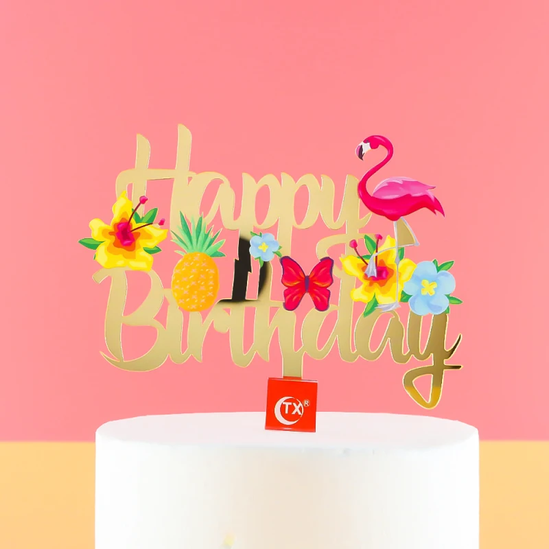 Happy Birthday Cake Toppers Flamingo Summer Hawaii Flowers Bandiere Per Torte Acriliche Dipinte Per Decorazioni Per Torte Di Compleanno