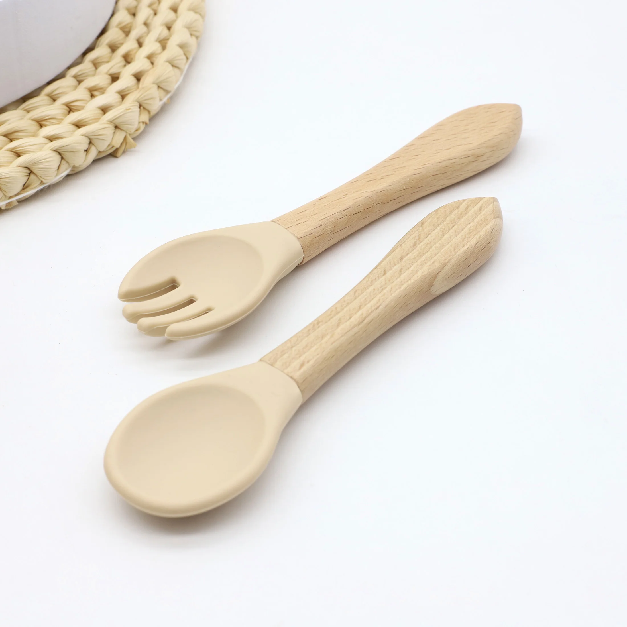 Hot selling food grade silicone wooden handle spoon and fork set for complementary food feeding training spoon and fork 3