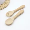 Hot selling food grade silicone wooden handle spoon and fork set for complementary food feeding training spoon and fork 3