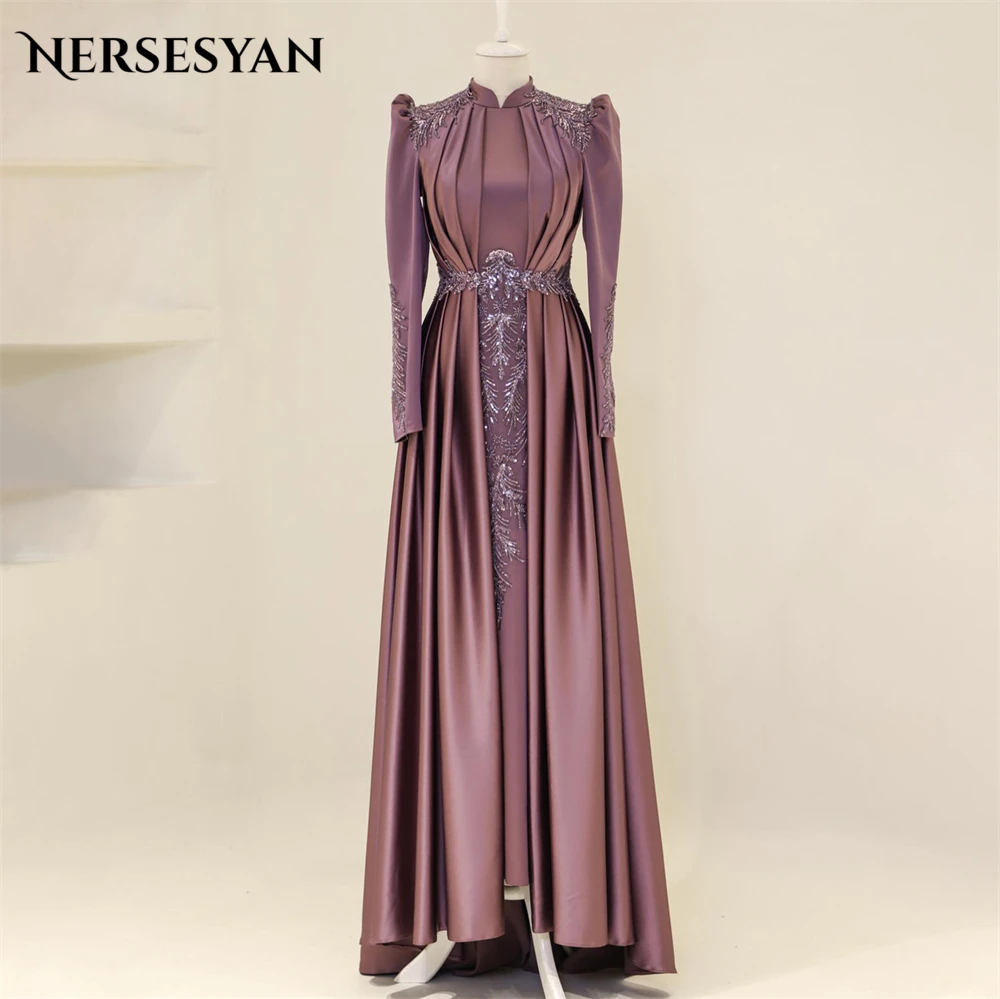 

Nersesyan Glitter Lace Muslim Evening Dress Sparkly Beading Pleats Formal Prom Dress High Neck Cap Sleeves Wedding Party Gowns