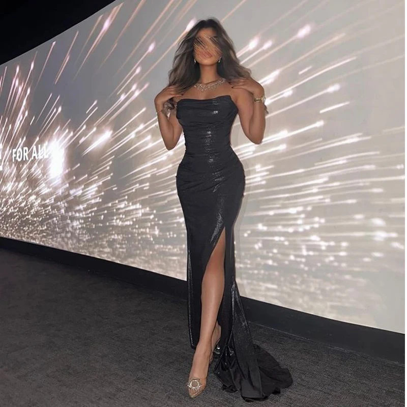 

Chic Strapless Evening Dresses Pleats Floor-Length Sexy Mermaid Prom Gowns Side Slit فساتين السShiny Saudi Arab 2024 for Women