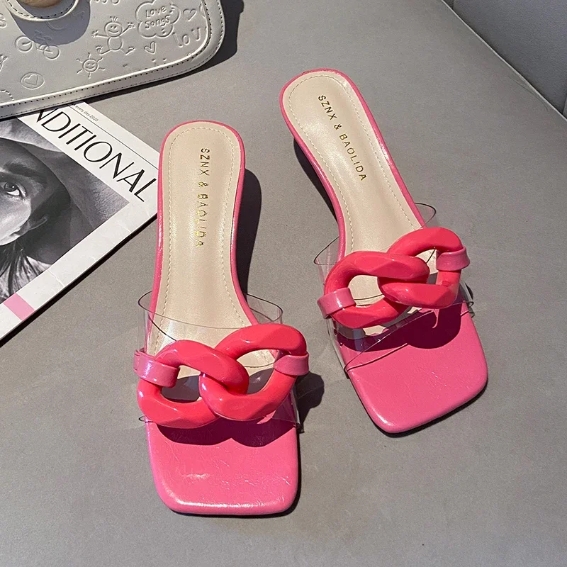 

Шлепанцы женские на низком каблуке, прозрачные сандалии с цепочкой, ПВХ, классические дизайнерские, Повседневные тапочки, сланцы, лето 2024