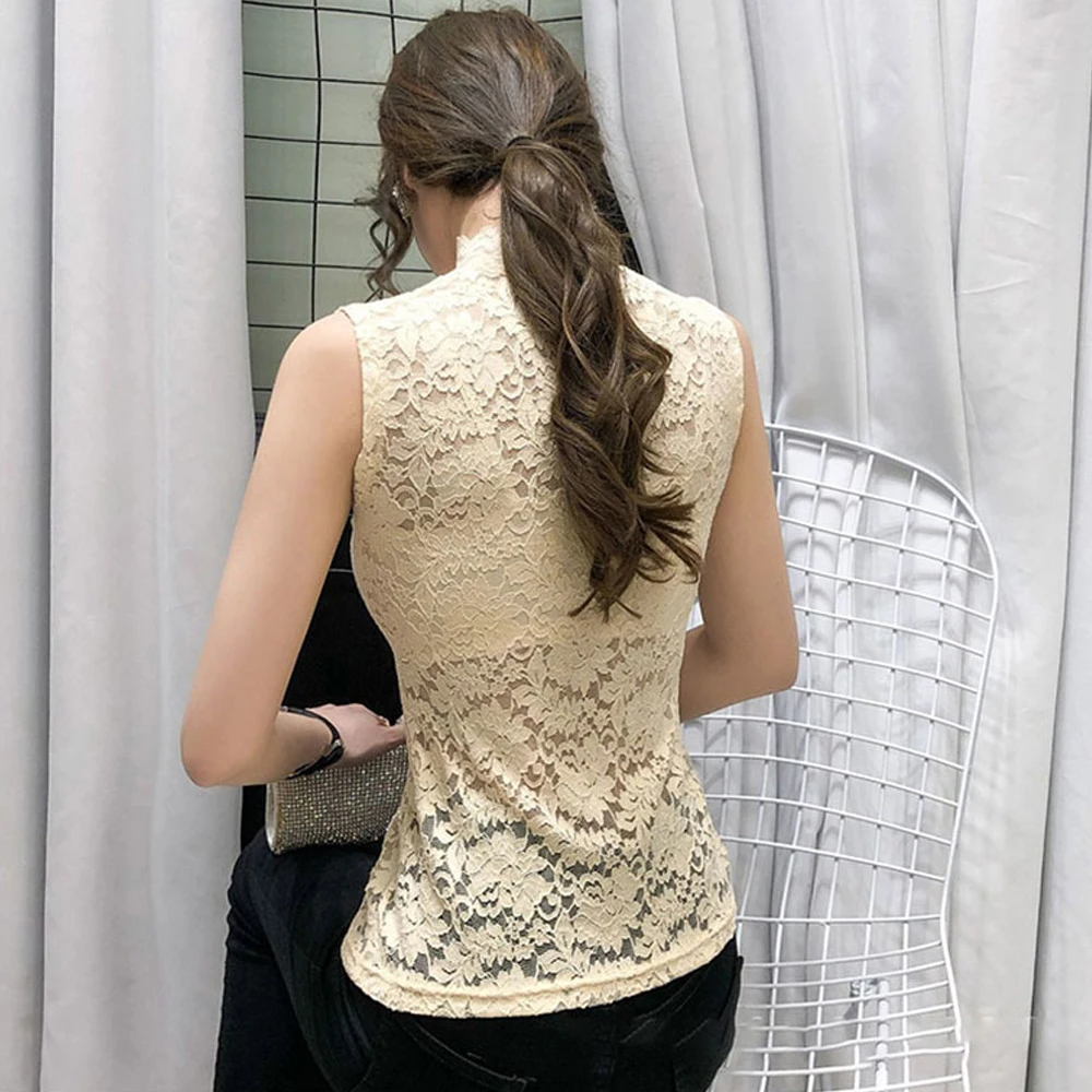 Flower Lace Female Blouses Vest S-XL Spring Summer Elastic T Shirt Girl Rose Lace Turtleneck Sleeveless Women Bottoming Tanks 6