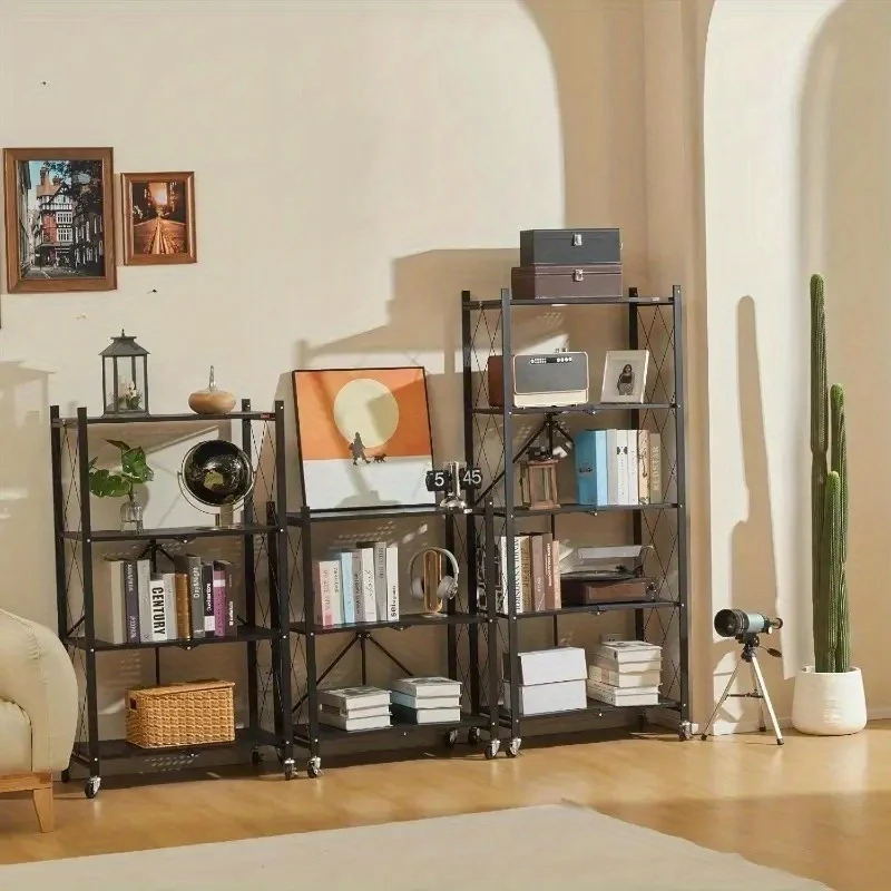 Storage Rack 3/4/5-Tier Heavy-Duty Iron Storage Shelf with Rolling Shelves Foldable & Portable