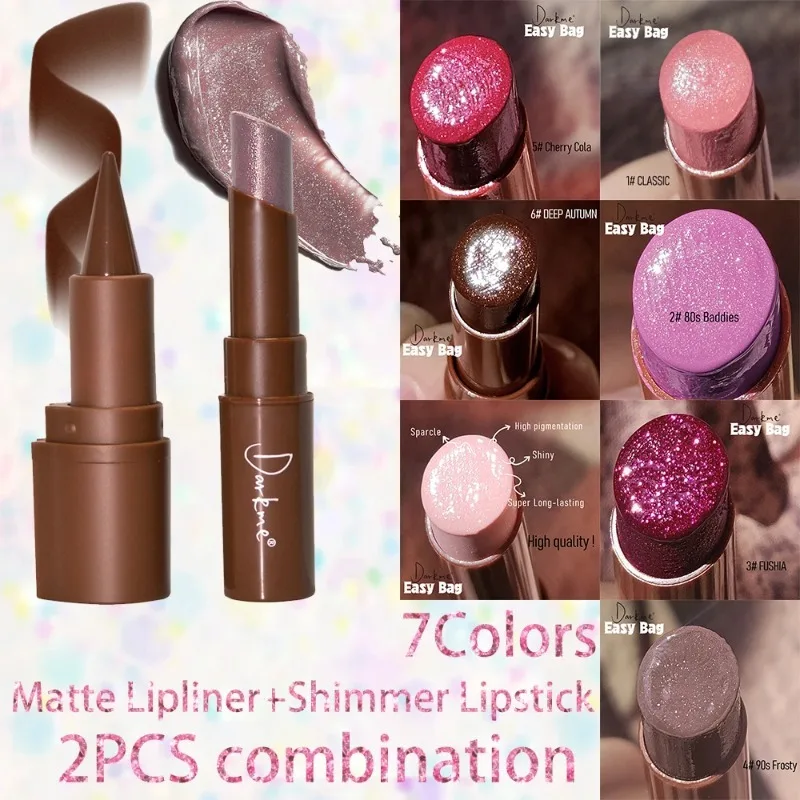 Smooth Lip Liner Pencil Tapered Tip Pearlescent Lipstick Set Matte Mirror Waterproof Long Lasting Sparkling Lips Makeup Combo - 2