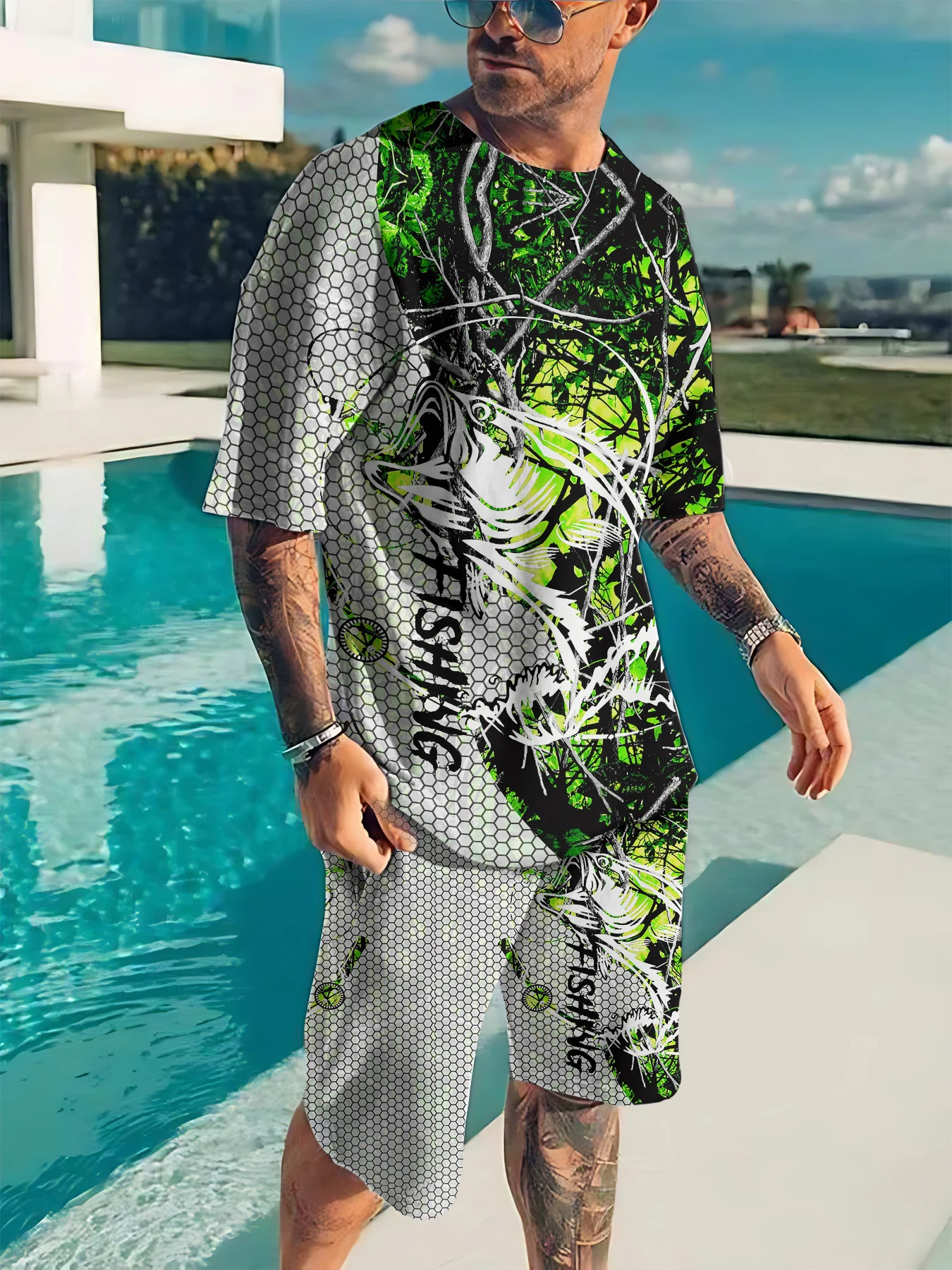 

Men T Shirts Shorts 2 Piece Sets Tees Suit Fashion Male Bass Fishing Pattern Print Streetwear Casual Short Sleeve Tracksuit Suit