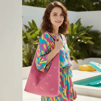 Borsa Tote in Tela con Fiocco Ricamato, Grande Capacità, Stile Dolce, Borsa a Spalla alla Moda Coreana, Leggera, per Pendolari, Trendy da Donna