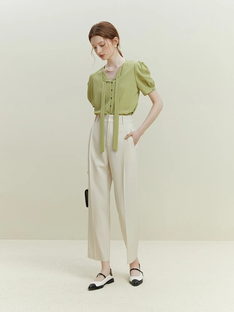 FSLE Women French Style Temperament Streamer Shirts Bow Tie Design Puff Sleeve Solid Women Blouses Office Lady Summer Tops