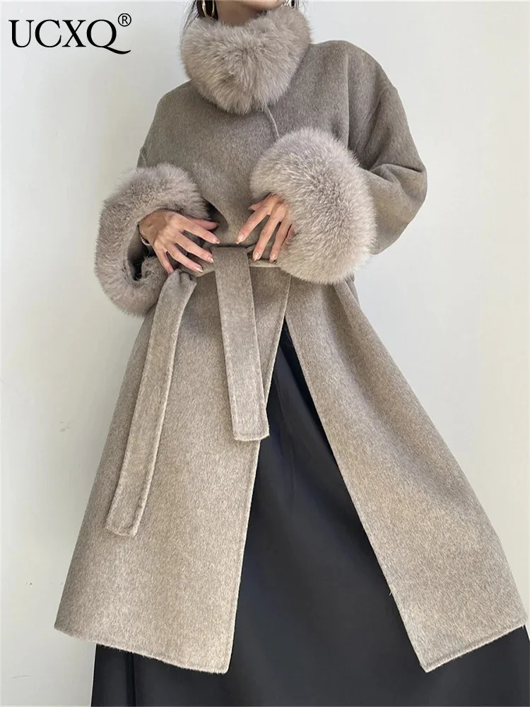 

UCXQ Warm Cloak Double-sided Cashmere Wool Woolen Coat Long Furry Sleeve Women's Clothes Outerwear 2023 Autumn Winter 16U6634