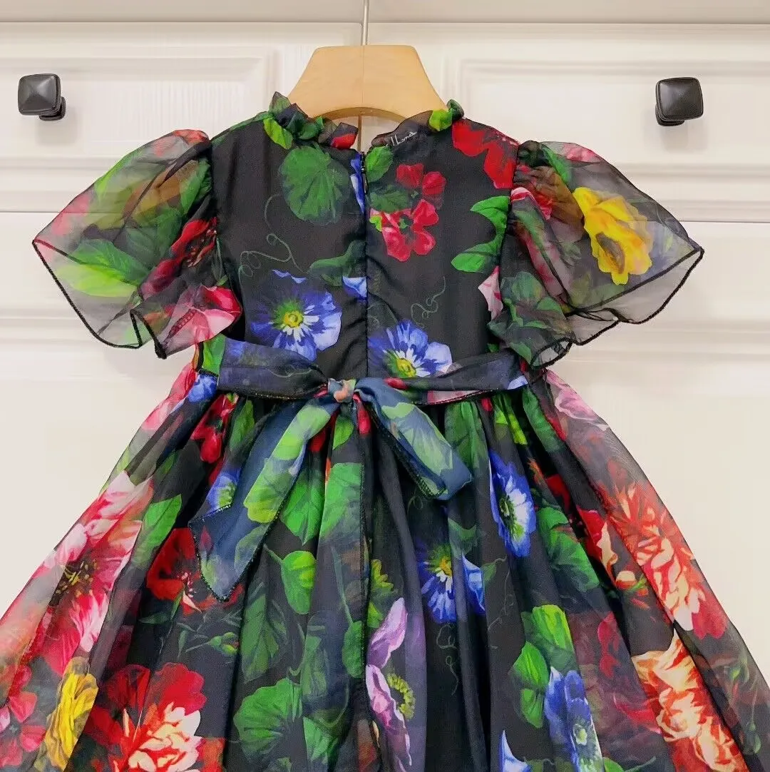 فستان أسود بأكمام قصيرة للفتيات ، ملابس أطفال ، لطيف ، تصميم زهرة ، أميرة ، الصيف