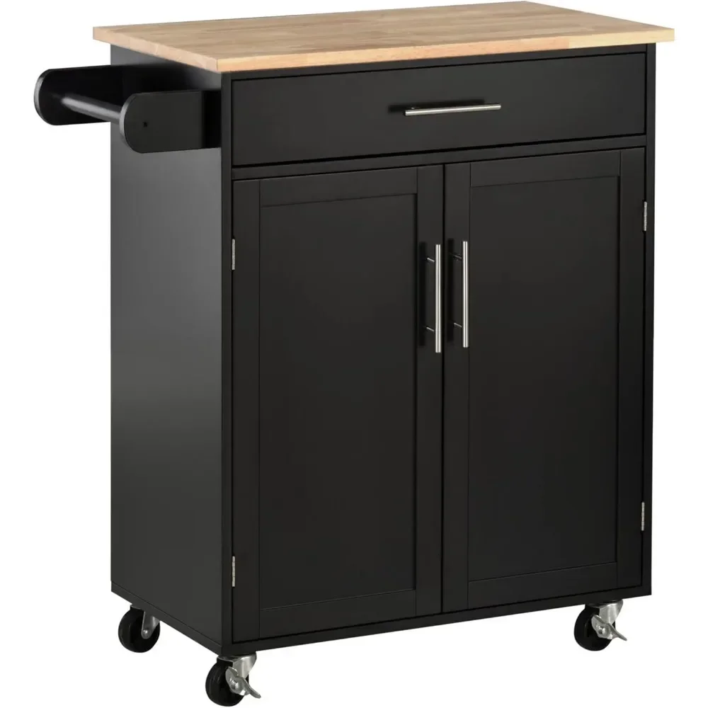 Kitchen Island Cart Rolling Trolley Cart with Drawer, Storage Cabinet & Towel Rack, Black Kitchen