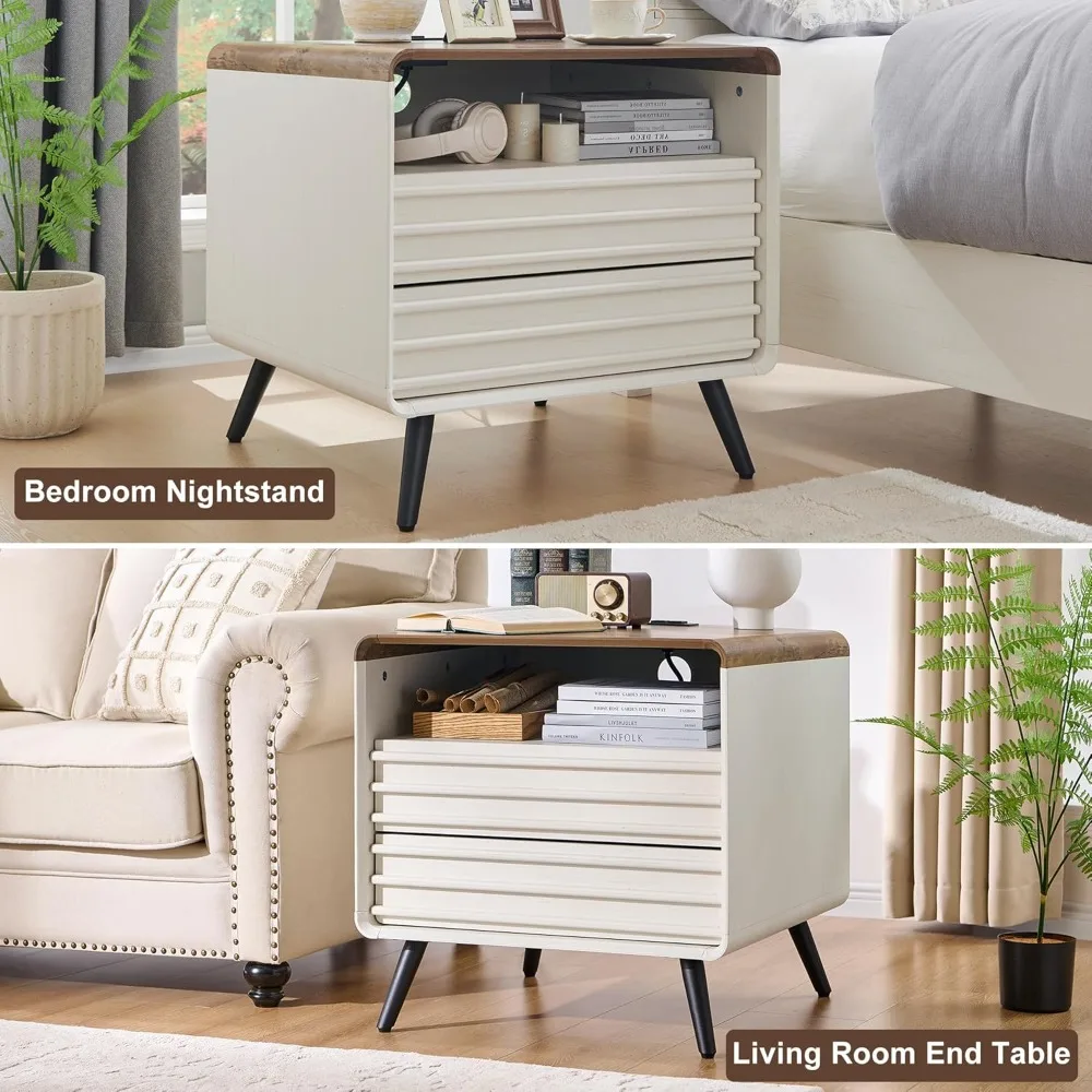 24" Nightstand Set of 2 with Charger Station, Mid Century Modern Fluted End Table with 2 Drawers，Wooden Side Table with Open