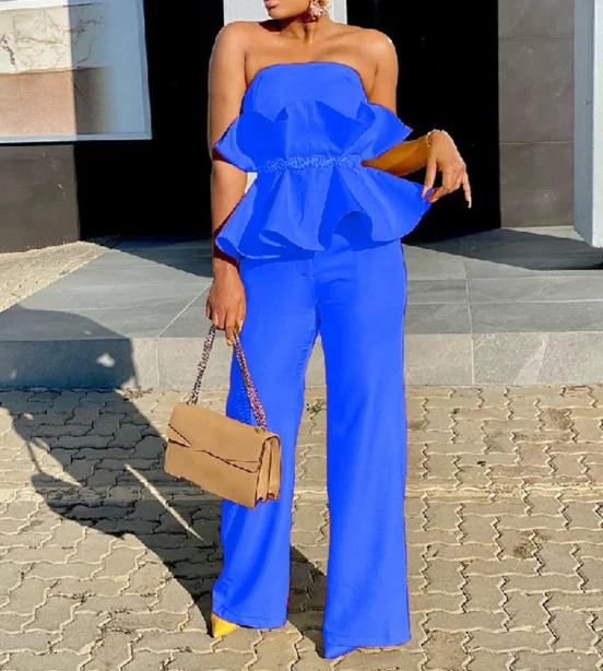 Long Pants Set 2023 Solid Color Strapless Elegant Wide Leg Pants with Ruffled Edges Personalized and Comfortable Casual Set