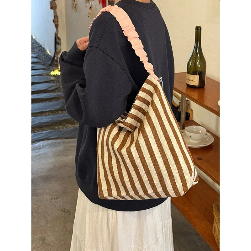 Niche Striped Canvas Bag For Women 2025 New Large Capacity Shoulder Bag Lazy Style Contrasting Color Artistic Handbag