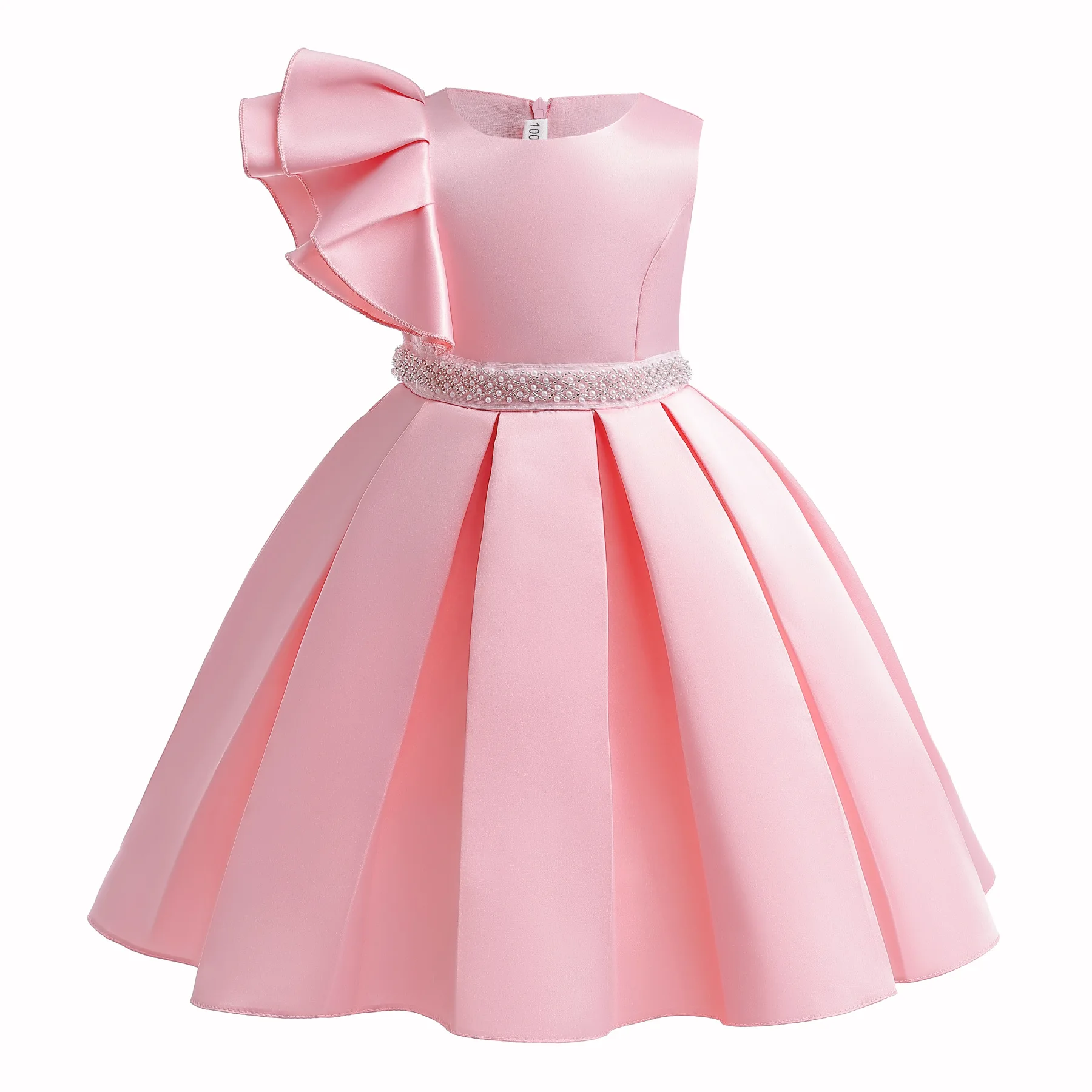 

Summer Young Teenager Girl Vestidos Irregluar Fly Sleeve Pink Babys Girl Dress Pearls Waist Ruched Hem Kids Girl Party Ball Gown