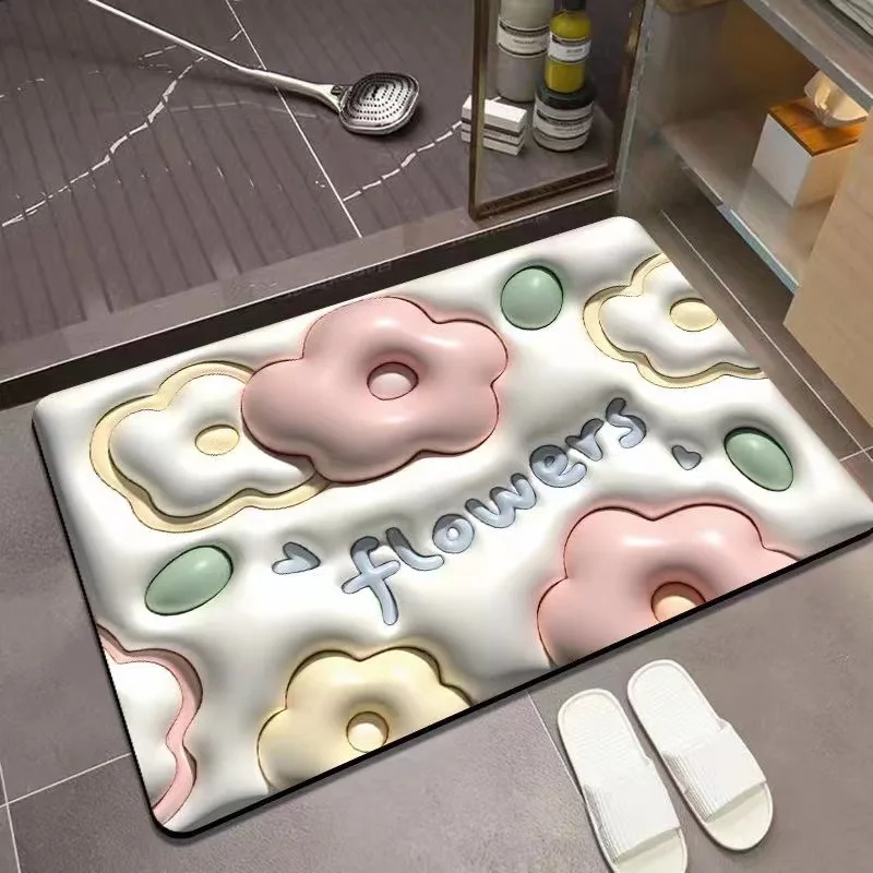 

3D Floral Bathroom Mat Absorbent Quick Dry Non-slip Cute Pink Mat For Drying Dishes Rubber Rug Kitchen Super Absorbent Carpet