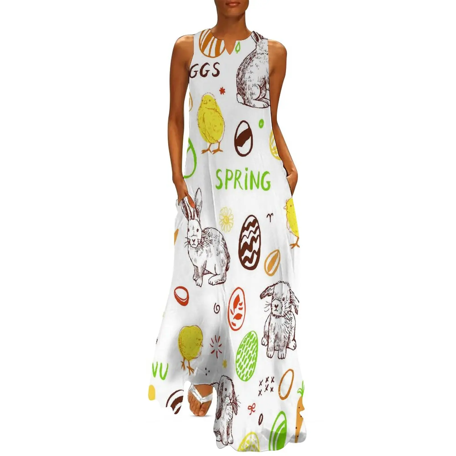 

Spring Easter Dress Summer Eggs Bunnies Art Print Street Wear Bohemia Long Dresses Women Modern Maxi Dress Birthday Gift