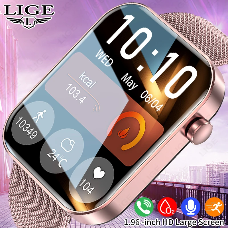 LIGE 1.96 인치 블루투스 통화 스마트 시계 건강 모니터 사용자 정의 시계 얼굴 남자 시계 방수 정전기 방지 여성 Smartwatches