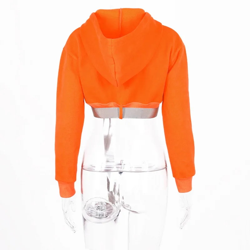2022 Winter Streetwear Long Sleeve Y2k Top Hooded Hoodies Women Fashion Buckle Cropped Pullovers Tops Neon Orange Thick Hoodies