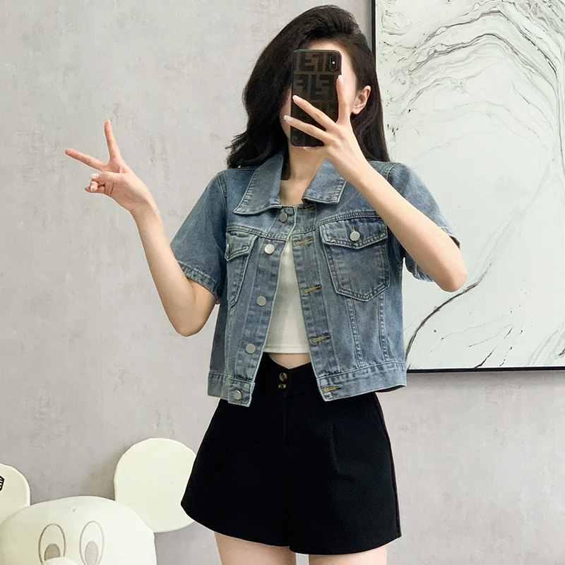 여성용 빈티지 블루 데님 재킷, 주머니가 달린 2024 여름 반팔 스트리트웨어, 레트로 청바지, 크롭 코트 의류