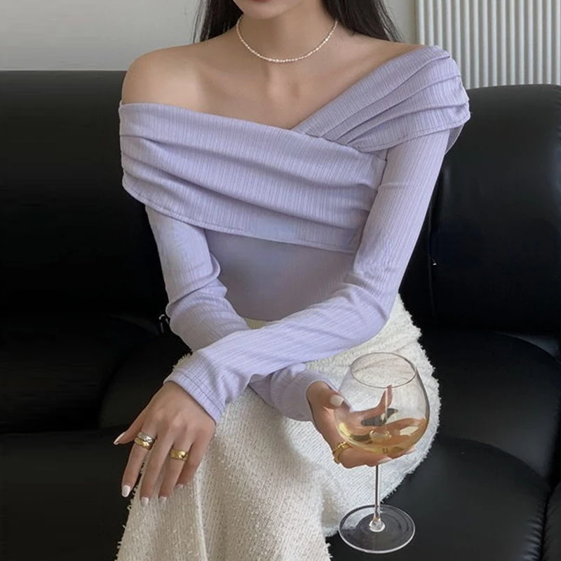 

Purple Solid Color Chiffon Shirt Spring Summer Fashion Blouse 2023 Long Sleeve Off Shoulder Shirt for Female Elegant Clothing