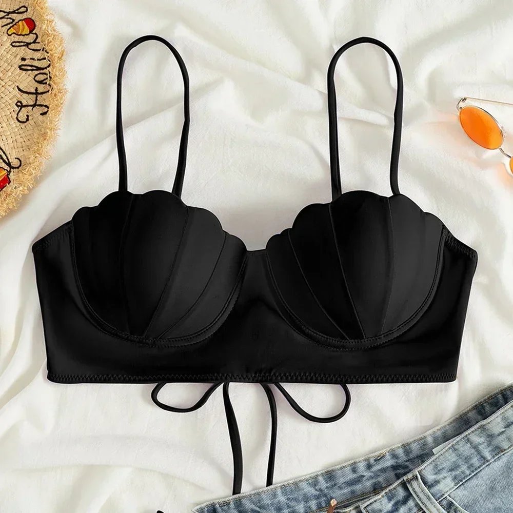 

2024 New Push Up Bikini Swimsuit Top Women Shell Pure Color Swimsuit Bra Female Biquini Top Swimming Suit Only Top Summer