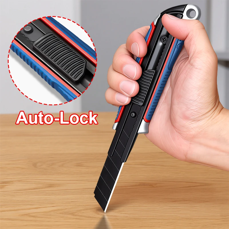 알루미늄 손잡이가 있는 헤비듀티 유틸리티 나이프 - 블랙 SK5 블레이드, 18mm 블레이드 호환, 전문적인 절단을 위한 눈부심 방지 마감 처리