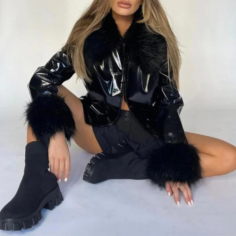 2024 Autumn and Winter New Women's Fashion Long-sleeved Fur Collar Single-breasted Slim Warm Leather Jacket Women Green Black