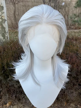 Sliver Gray 13x4 Synthetic Lace Front Wig for Women Cosplay Shoulder Length Mullet Synthetic Wigs Layers Ponytails Glueless Wigs
