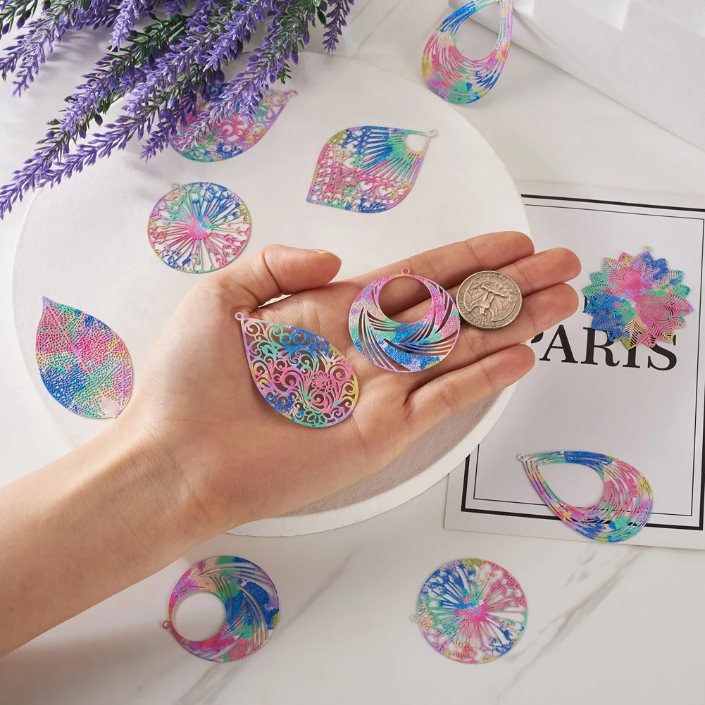 32Pcs Colorful Filigree Big Pendants Spray Painted Metal Teardrop  Leaf Flower Shape Charms for Earrings Necklace Diy Findings