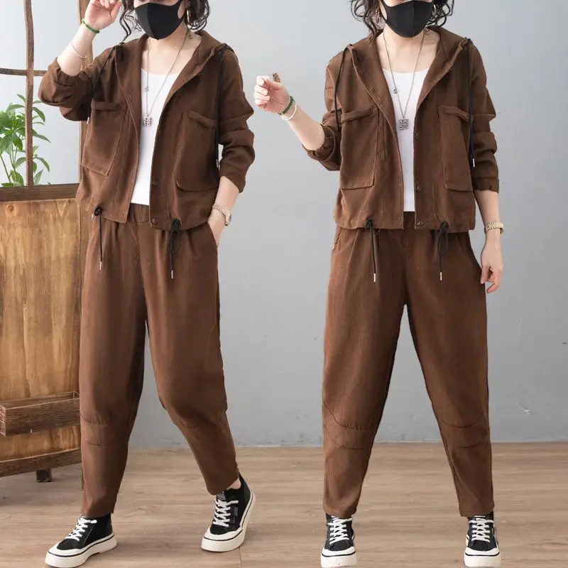 

Women's Casual Suit O-neck Temperament Loose Fitting Fashion Zipper Coats and Elastic Waist Harem Pant Ladies Two-piece Set G615