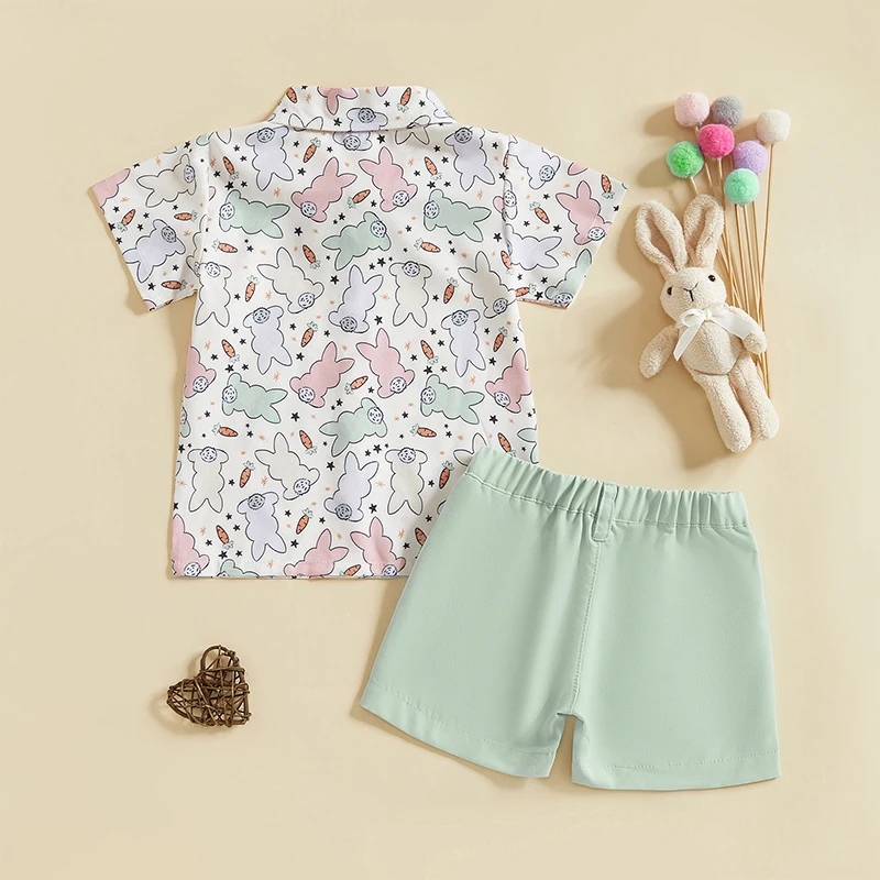 Toddler Boy Easter Shorts Set Bunny Print Short Sleeve Button-up Bow Tie Shirt Pockets Shorts