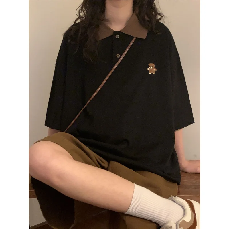 

Deeptown Streetwear 90s Vintage Bear Black T-shirts Women Preppy Style Kawaii Polo Oversize Tshirts Harajuku Short Sleeve Top