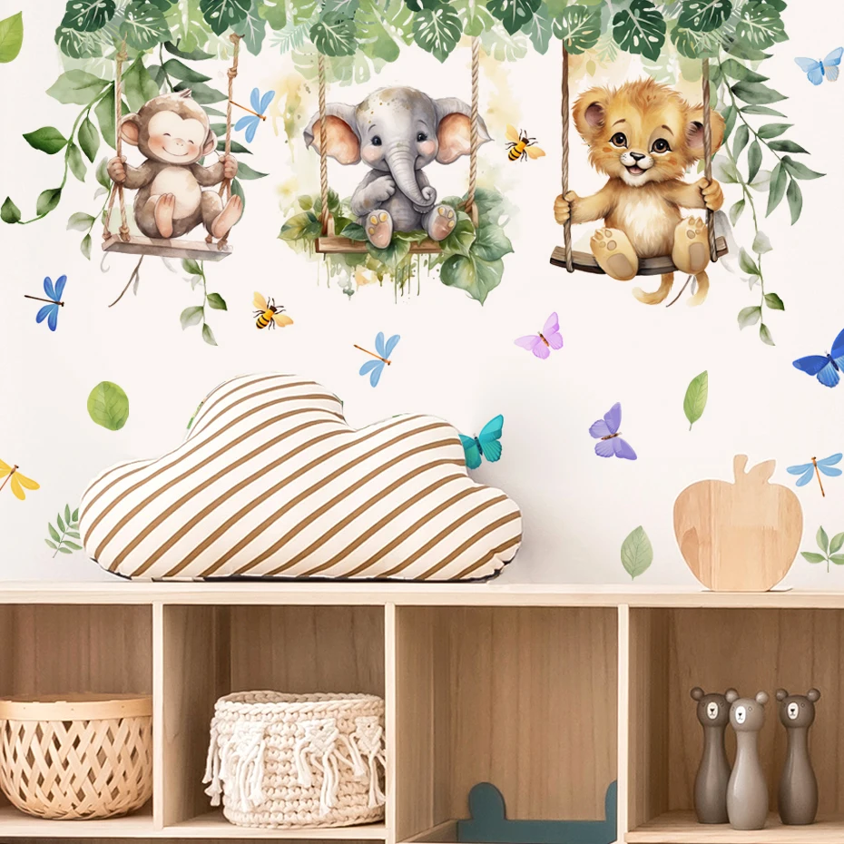 Cartoon Jungle Animals Theme Wall Stickers for Boys Girls Baby Nursery Kids Bedroom Living Room Classroom Decorative Wall Decals