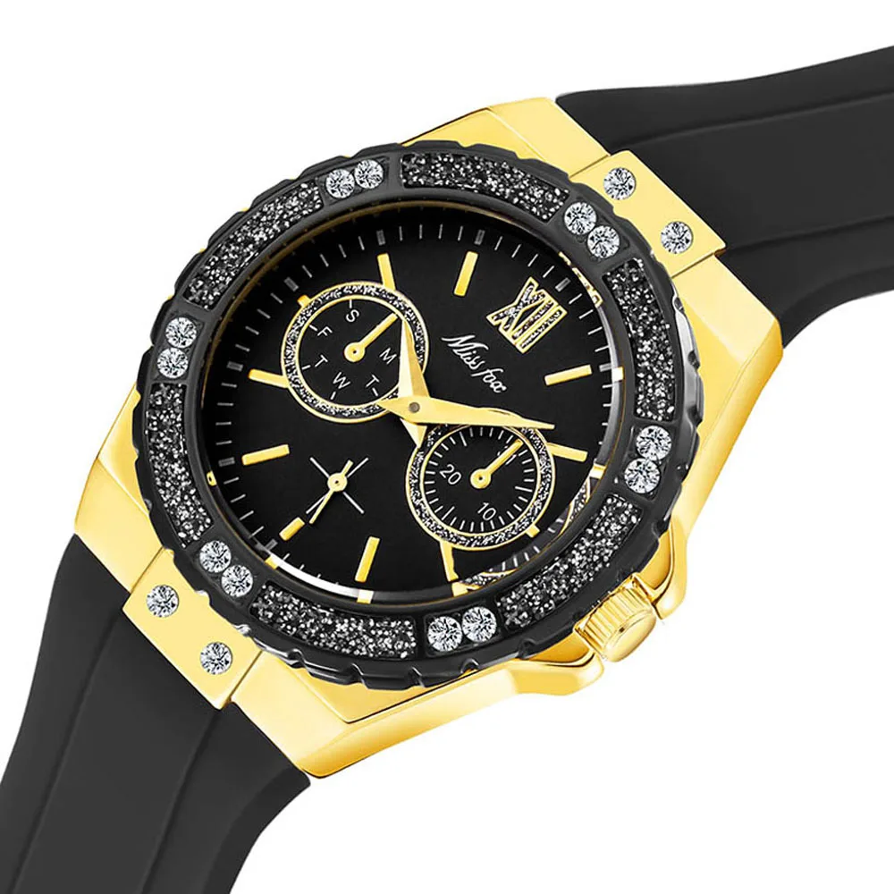 

Watch For Women Chronograph Rose Gold Sport Watch Ladies Diamond Blue Rubber Band Female Quartz Wristwatch Reloj Mujer