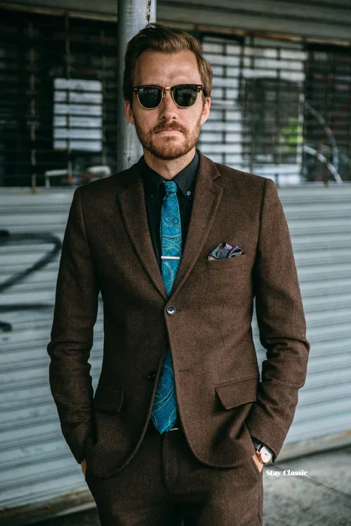 Brown Tweed Classic Men Suit Warm Vintage Slim Fit 2 Piece Winter Tuxedo Elegant Groom Prom Blazer Sets Terno Masculino