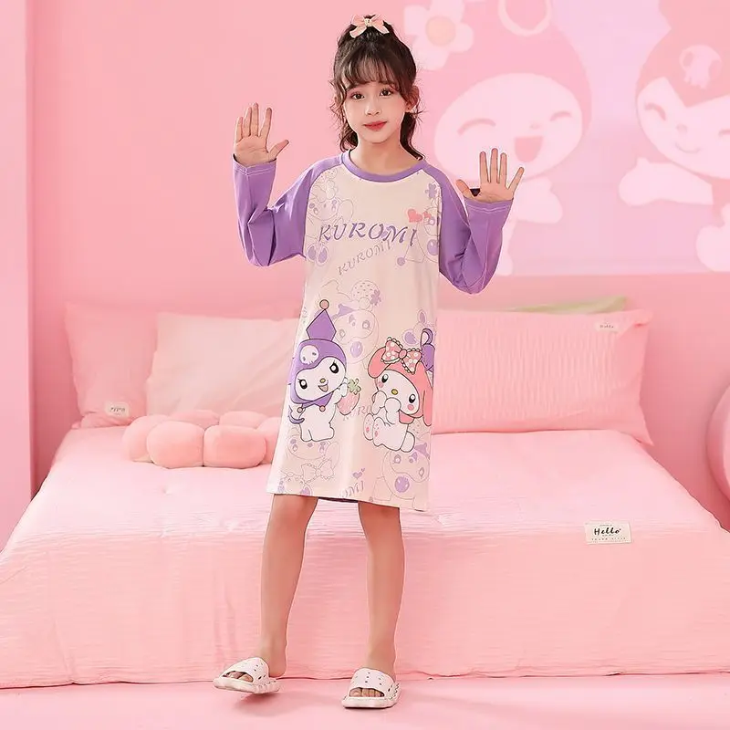 

Sanrio Kuromi Melody Long-sleeved Dress Cartoon Cinnamooll Thin Princess Style Nightgown Girl Home Clothes Pajamas Birthday Gift