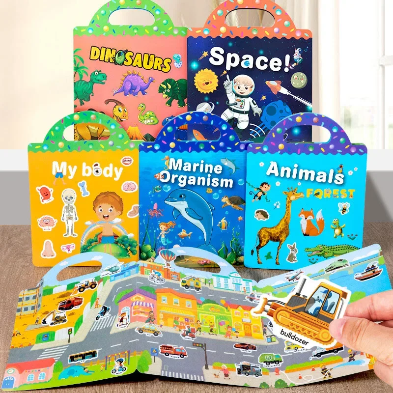 Reusable Cartoon Sticker Book for Kids Multiple Scenos DIY Puzzle Game Educational Learning Classic Toys for Child Age 2-4 Gifts cartoon stickers,sticker book,puzzle stickers