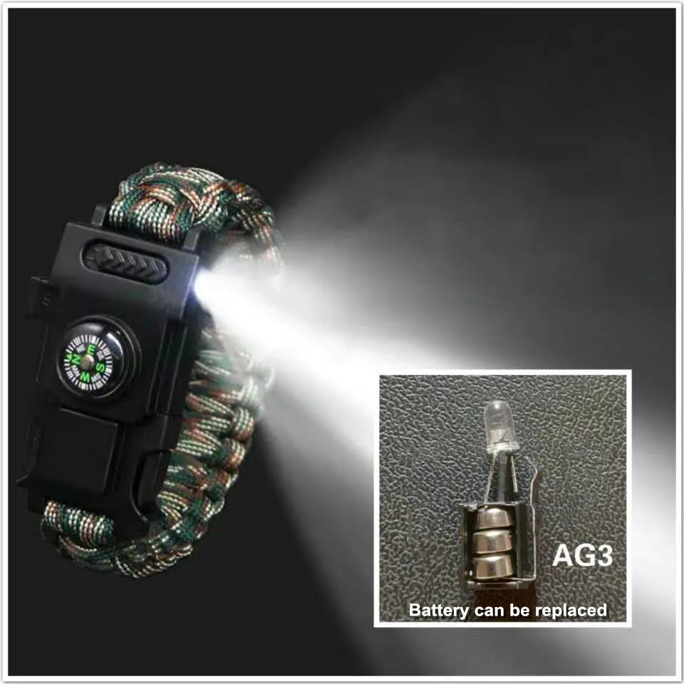 Survive LED Light Paracord 550Ibs 4mm Bracelet Rope Camping Hiking Fishing Outdoor Tools Scraper Whistle Buckle Wristband
