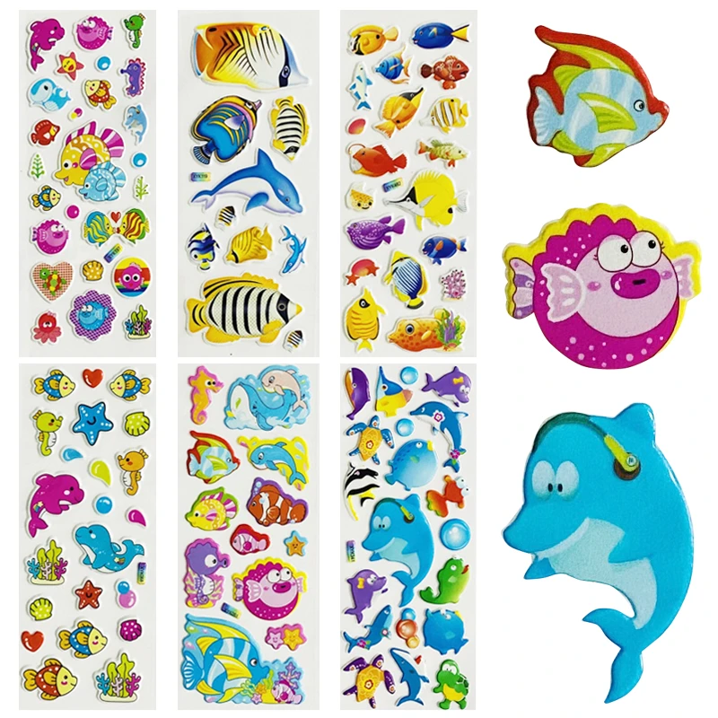 6 hojas de pegatinas de dibujos animados de animales marinos, delfines, peces  marinos, mundo del océano, Burbuja 3D, PVC, pegatina impermeable, juguetes  para álbum de recortes para niños| | - AliExpress