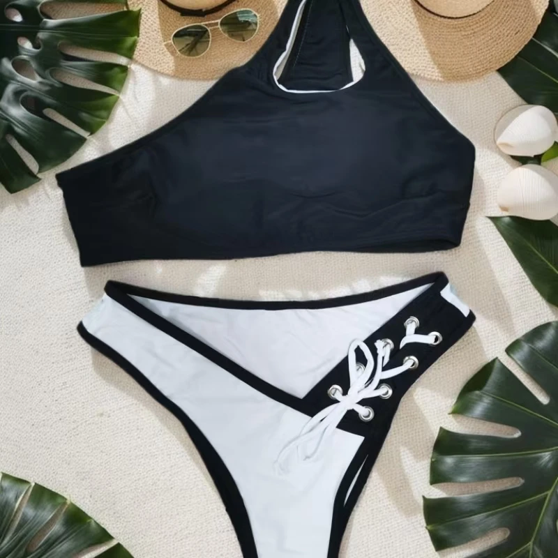 Sexy Swimsuit One-shoulder Black Bra High-waisted Briefs Two-piece Split Bikini
