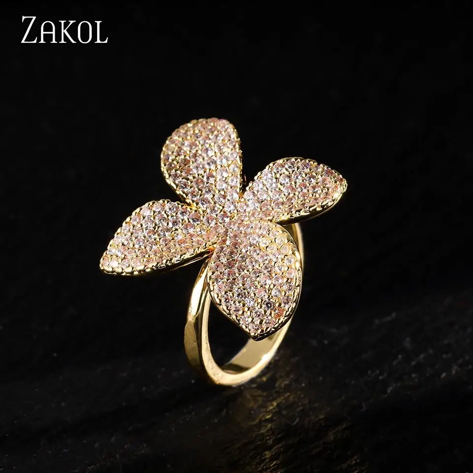 ZAKOL Creative Personalized Petal Design For Women's Zircon Ring Copper Micro-set Fashion Temperament Jewelry Accessories Female 4