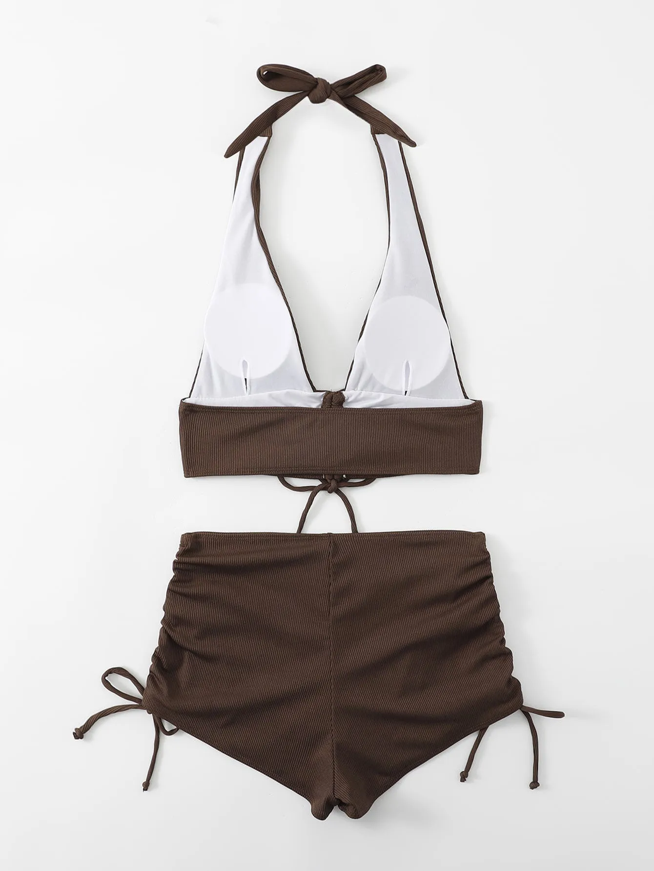 2024 Rib Drawstring Bikini Solid High Waist Swimsuit Women Halter Swimwear Female Bathers Bathing Swimming Swim Suit Beachwear