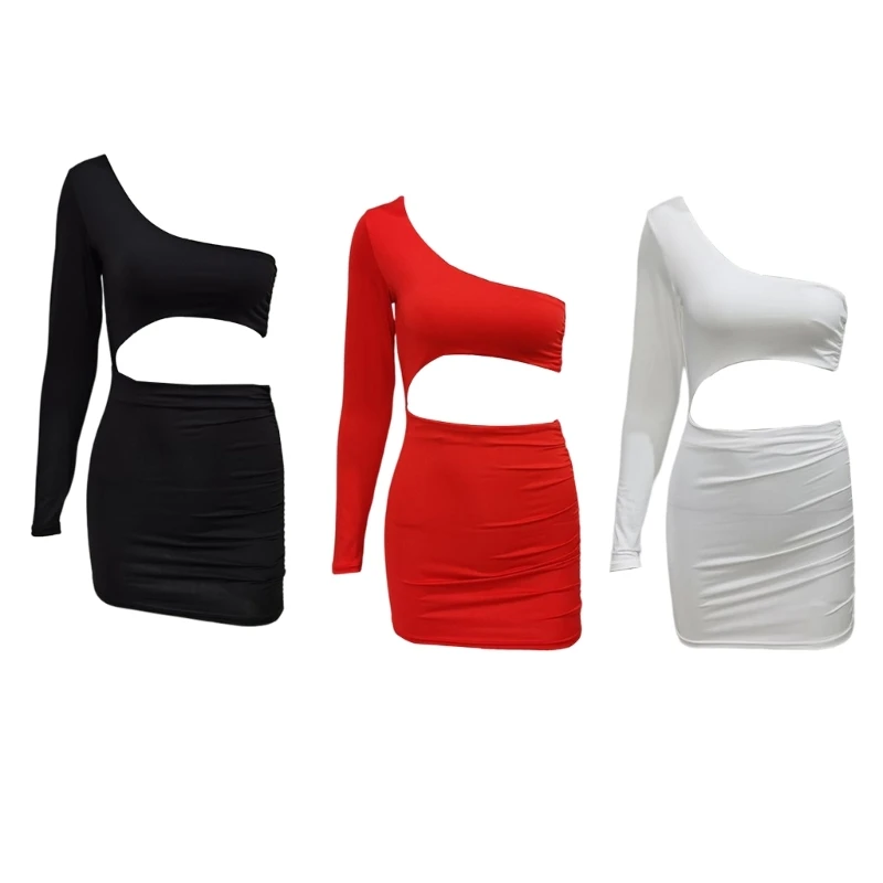 

Casual One Shoulder Solid Color Dress Women Sexy Elegant Backless Ruched Dress Female Streetwear Bodycon Mini Dresses Dropship