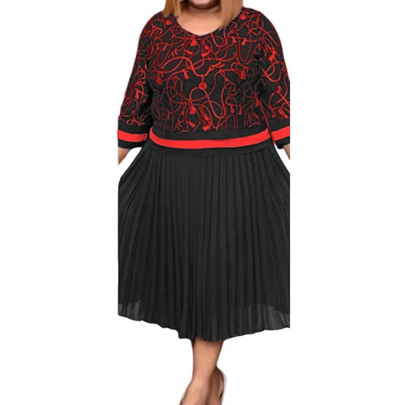 Streetwear Chiffon Round Neck Pleated Skirt Fashion Spring Autumn Plus Size Clothes Print Three Quarter Sleeve Loose Mid Dress